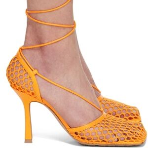 37.5‎ Bottega Veneta stretch tangerine mesh sandals pumps heels leather NIB 7​.5